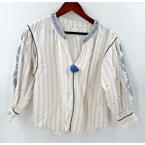 Roller Rabbit White Top Floral Embroidery Sleeves V Neck Tassel Size SMALL - Picture 3 of 10